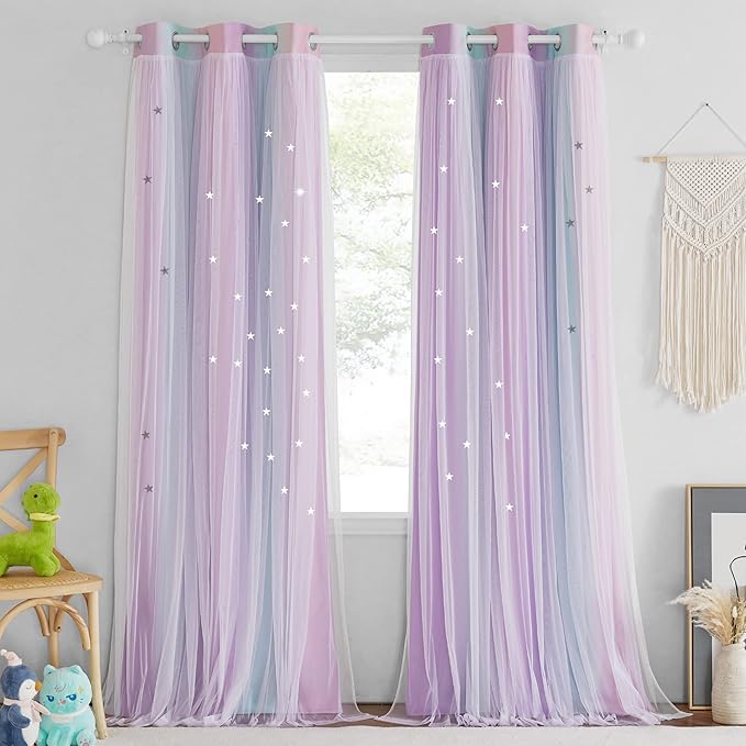 NICETOWN Living Room Blackout Curtains - Nursery Star Cut Out Double-Layered Curtains Rainbow Drapes for Nursery/Bedroom/Sliding Glass Door (42x84 inches, Blue & Purple & Pink, 2 Panels)