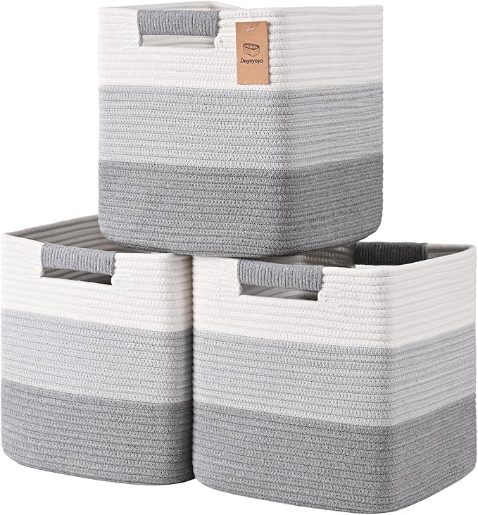 11 Inch Storage Cubes, 3 Pack Cube Storage Bins for Organizing, Cotton Rope Woven Baskets for Shelves, Bathroom, Kids Room, Closets, Baby Nursery