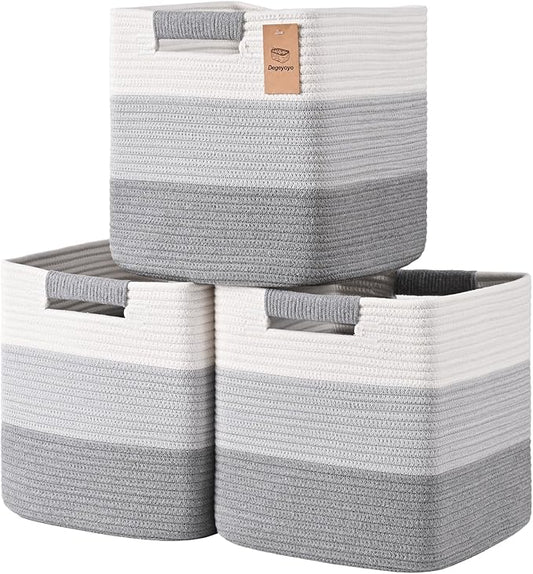 11 Inch Storage Cubes, 3 Pack Cube Storage Bins for Organizing, Cotton Rope Woven Baskets for Shelves, Bathroom, Kids Room, Closets, Baby Nursery