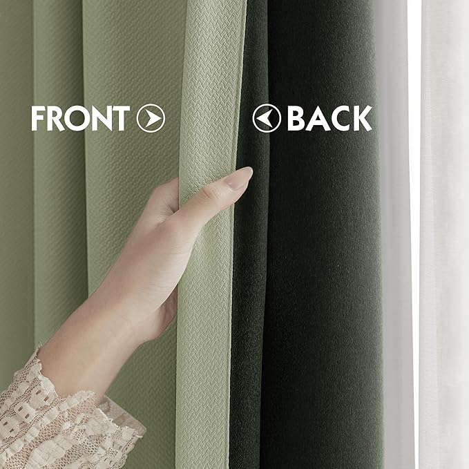 FMFUNCTEX 100% Blackout Curtains for Bedroom, Green Curtains 63 Inches Long Textured Thermal Insulated Curtains for Living Room Drapes, Black Out Drapery Grommet Room Darkening 2 Panels, 40" W x 63" L