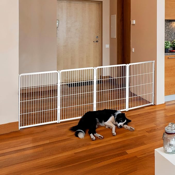 FXW Dog Gate Extra Wide Designed for Indoor Use, Adjustable Width Up to 111-inch Wide (32" H 4 Wire Panels for Small and Medium Dogs), White