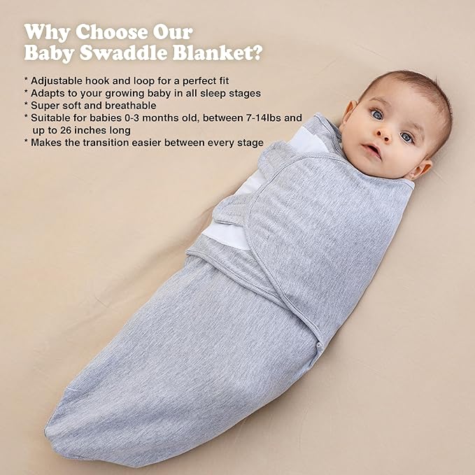 Bublo Baby Swaddles for Newborns – 3-Pack Infant Swaddles 0-3 Months – Adjustable Swaddle Sleep Sack – Soft Organic Cotton Baby Wrap for Safe & Cozy Sleep (Melange Grey)