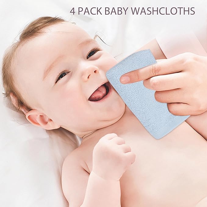 4 Pack Baby Washcloths 100% Cotton Soft and Absorbent Terry Wash Cloths for Sensitive Skin Face Hand Body Burp Rag Wipes Essentials for Newborns Infants Toddlers Girls Boys