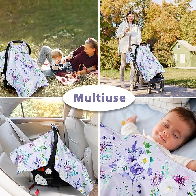 Car Seat Cover Baby, Peekaboo Opening Carseat Covers Baby Girl, Warm Minky Infant Car Seat Canopy, Multi-Use Cover Protecting Baby from Wind, Sun, Strangers Purple Floral