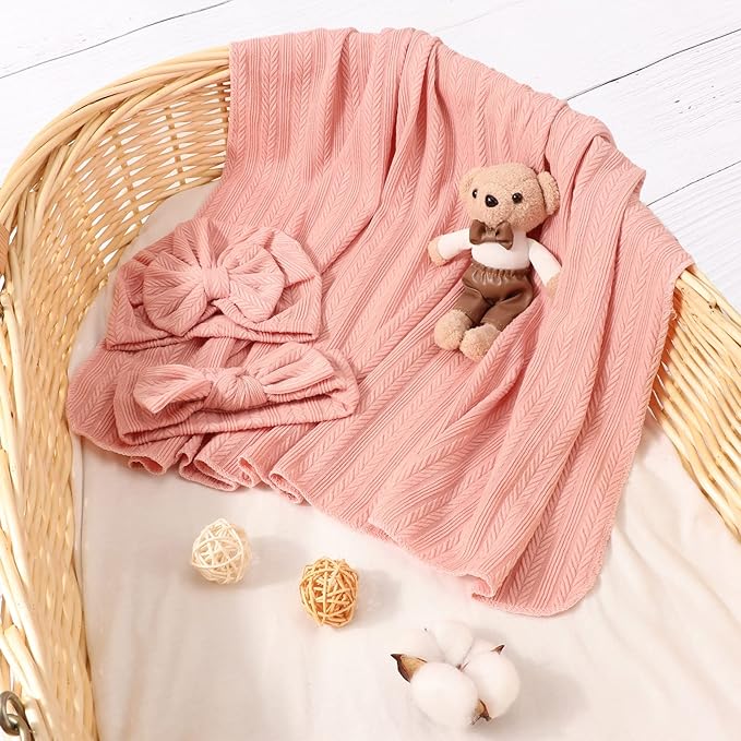 DRESHOW BQUBO Baby Swaddle Blankets for Girls, 4PCS Newborn Accessories Set with Matching Hat and Bow Headband with Card