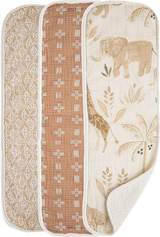 Crane Baby Muslin Baby Burp Cloths Set of 3, Safari Animal Print, 100% Cotton, Absorbent, Lightweight, 7"X20", Baby Newborn Essentials, Safari Baby Stuff