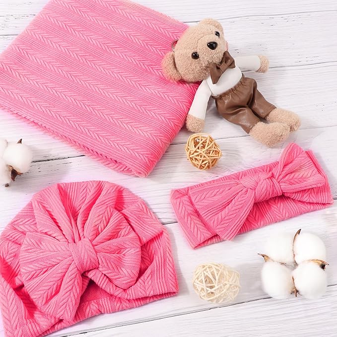 DRESHOW BQUBO Baby Swaddle Blankets for Girls, 4PCS Newborn Accessories Set with Matching Hat and Bow Headband with Hello World Wooden Birth Announcement Card