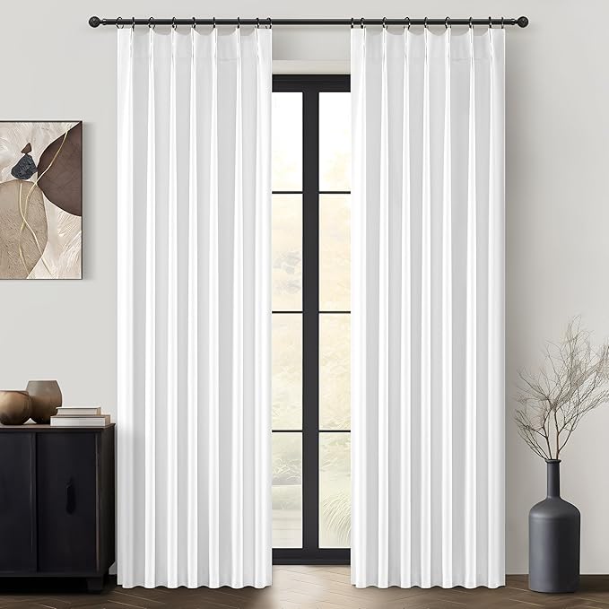 Bright White Pinch Pleated Blackout Curtains 90 Inches Long for Bedroom, Neutral Thick Linen Blend Room Darkening Patio Door Curtain Hook Ring Thermal Privacy Windows Drapes 40"W x 90"L x 2 Panels Set