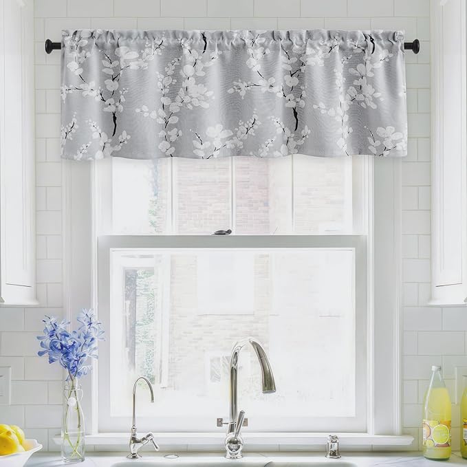 Fmfunctex Blue Valance Curtain, Blossom Blackout Window Valance Thermal Insulated Rod Pocket Floral Valance Curtains, 50'' Wx18'' L, Grey and White, 1 Panel