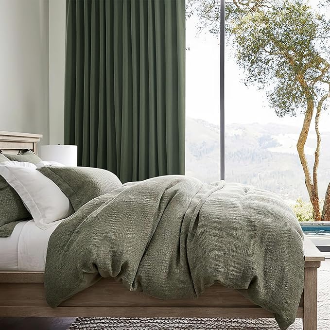 Loden Spring Living Room Curtains Linen 90 Inches Long Pinch Pleated Traverse Window Curtains Complete Blackout Heat & Cold Blocking for Sliding Glass Dark Olive Green Drapes (40"wx90"Lx2 Panels)
