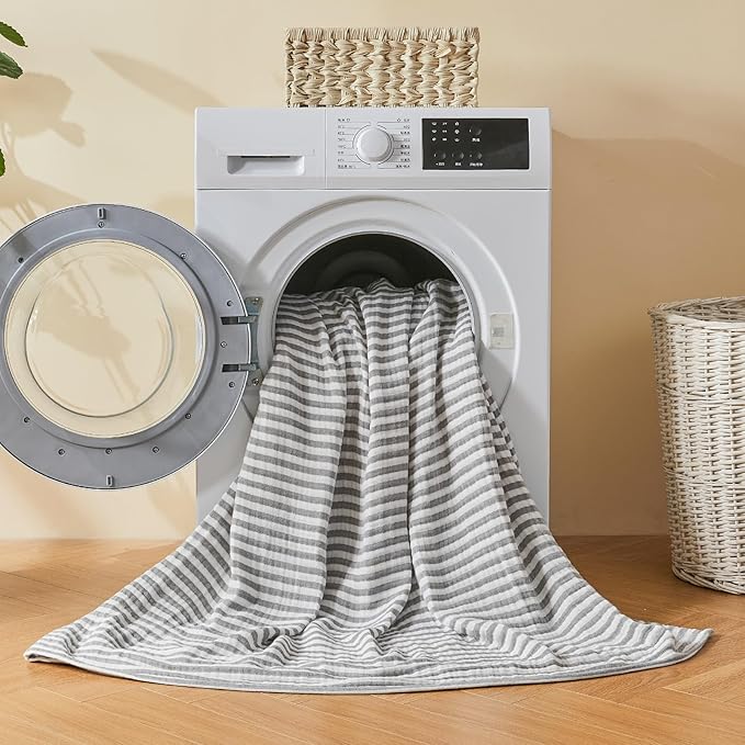EMME Cotton Muslin Queen Blanket Bed Layering Bedspread Coverlet Breathable Gauze Soft Lightweight Adults (Striped Grey, 90"x90")