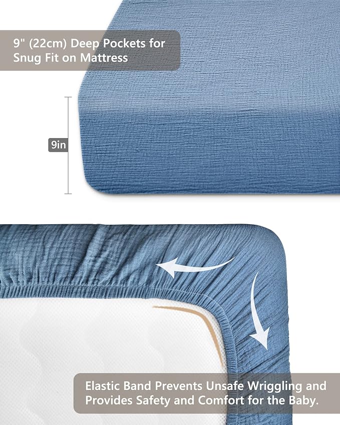 Crib Sheets for Boys Girl, Fitted Baby Toddler Bed Sheets 28" x 52", Neutral Muslin Cotton Crib Mattress Bedding Soft and Breathable Comfort (Blue)