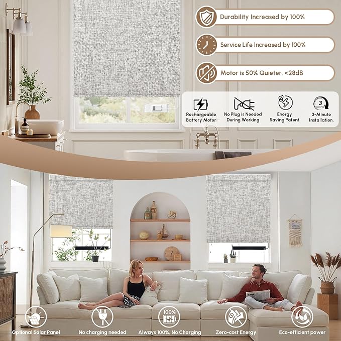 Kincmo No Drill Motorized Blinds with Remote, 100% Blackout Roller Shades for Windows, Custom Electric Blinds Compatible with Alexa, Apple Homekit, Google Home (100% Blackout Mist Ash Grey)