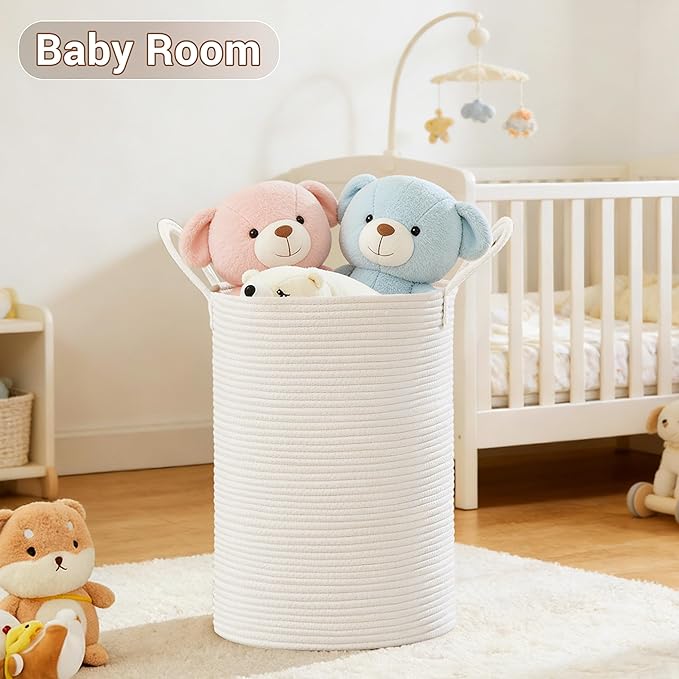 Tall Laundry Basket with Handles, 72L Portable Dirty Clothes Hamper, Boho Cotton Rope Storage Bin for Blankets Kids Toys Gifts, Large Organizer for Baby Nursery Bedroom Bathroom, White