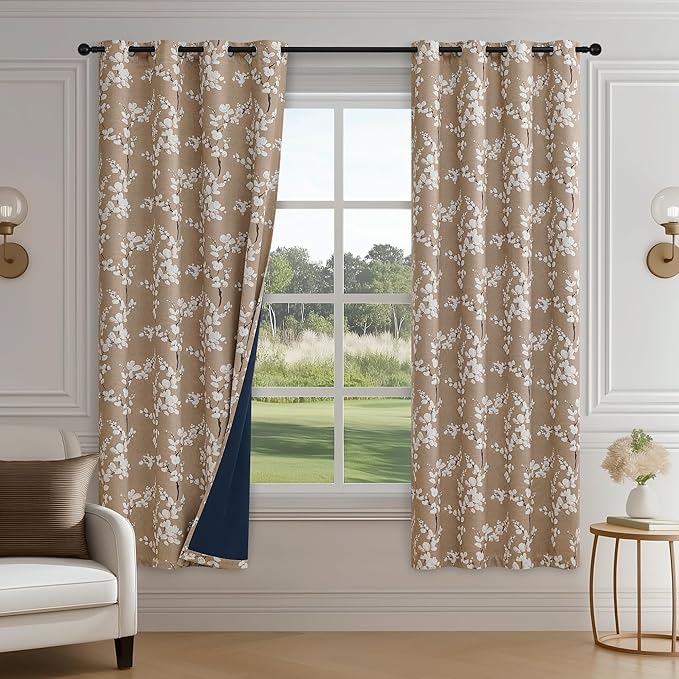 FMFUNCTEX 100% Blackout Floral Curtains for Bedroom, Taupe Curtains 63 inch Length Blossom Flower Patterned for Living Room, Thermal Insulated Farmhouse Drapes, Grommet Top 2 Panels (White on Tan)