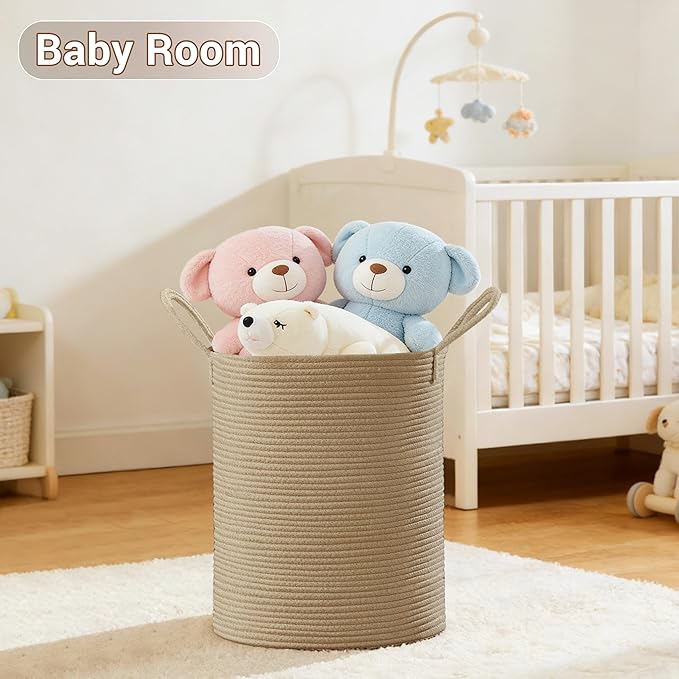 Tall Laundry Basket with Handles, 53L Portable Dirty Clothes Hamper, Boho Cotton Rope Storage Bin for Blankets Kids Toys Gifts, Decorative Organizer for Baby Nursery Bedroom Bathroom, Jute
