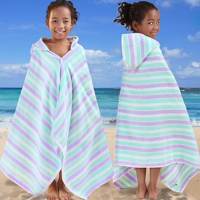 VOOVA & MOVAS Kids Hooded Bath Towels(3-10Years),Absorbent Quick Dry Lightweight Hooded Cotton Towel for Pool | Swim | Beach | Bath, Boys Wrap Towel with Hood, Aqua Purple Stripe