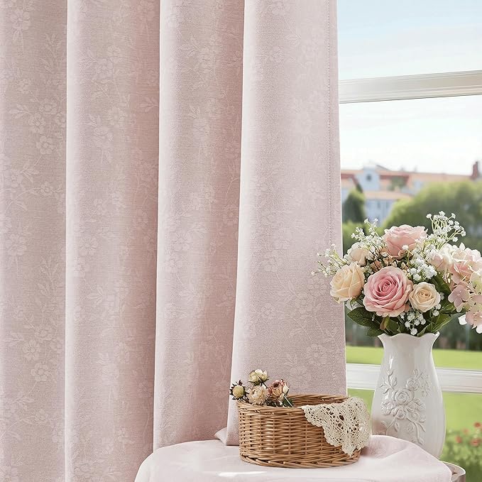 Beauoop Pink Floral Jacquard Blackout Curtains 63 Inches Long 2 Panels for Living Room Bedroom Chenille Flower Room Darkening Thermal Insulated Soundproof Grommet Window Drapes, 52x63 Set of 2