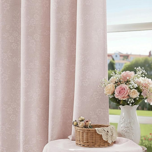 Beauoop Pink Floral Jacquard Blackout Curtains 96 Inches Long 2 Panels for Living Room Bedroom Chenille Flower Room Darkening Thermal Insulated Soundproof Grommet Window Drapes, 52x96 Set of 2