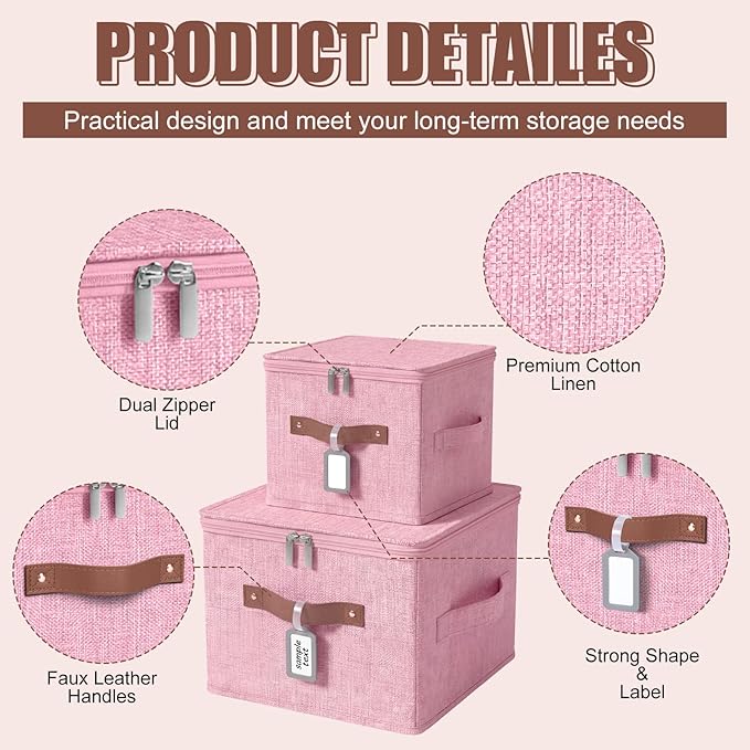 6 Pack Fabric Closet Storage Bins with Zipper Lids and Label, 10×8×7In Large Size Foldable Cotton Linen Storage Cubes Boxes with PU Leather Handles Holders for Bedroom, Nursery, Pink