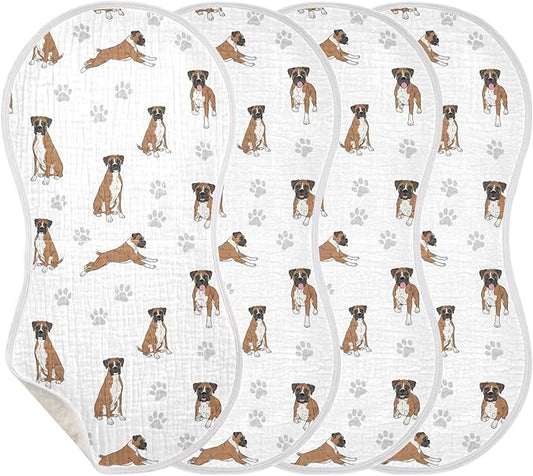 Qinllo 4 Pack Muslin Burp Cloths Boxer Dogs White Cotton Baby Burp Cloths Ultra Soft Burping Cloth Absorbent Spit Up Rags for Newborn Boys Girls 22x11 Inch