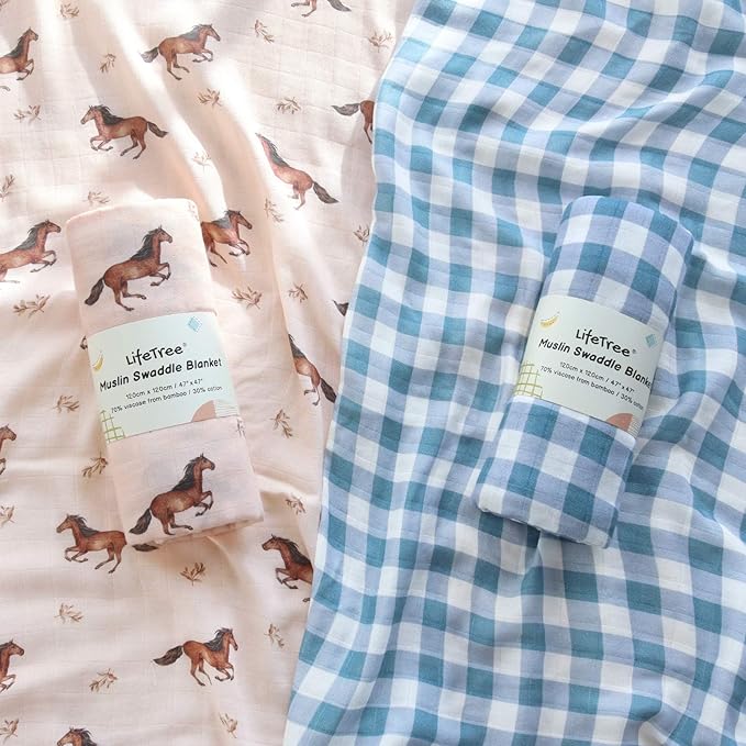 LifeTree Baby Swaddle Blankets, Boys Girls Muslin Swaddling Wrap Receiving Blanket for Newborn, 70% Viscose from Bamboo and 30% Cotton, Large 47" x 47", Horse and Blue Checkered Pattern
