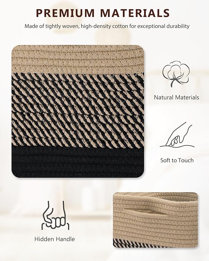 Cube Storage Bin 11" x 10.5" x 10.5" Cotton Rope Basket Square Woven Storage Basket for Shelves, Closet Organizer, Soft Towel Sock Basket, Gradient/Black Brown, 3 Pack