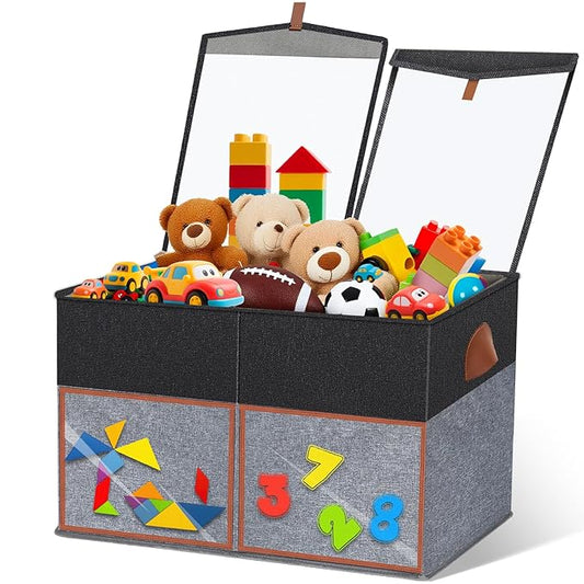 1 Pack Large Toy Storage Box with Clear Lids Collapsible Toy Organizer Chest with Adjustable Dividers Kids Storage Bin Basket for Boys Girls Living Room Nursery Playroom Closet Black and Grey