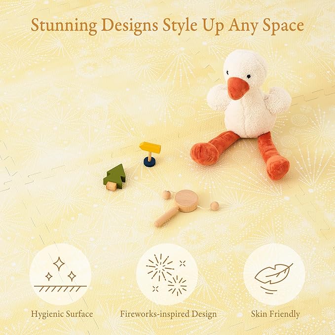 PopsyKosy Premium Baby Floor Play Mat - Thick & Cushioned 0.5 inch Playroom Foam Mat, Non-Toxic Odorless - 6 Tiles - Spacious 6x4 ft. - Stylish & Large, Waterproof for Kids & Toddlers - Champagne Yellow