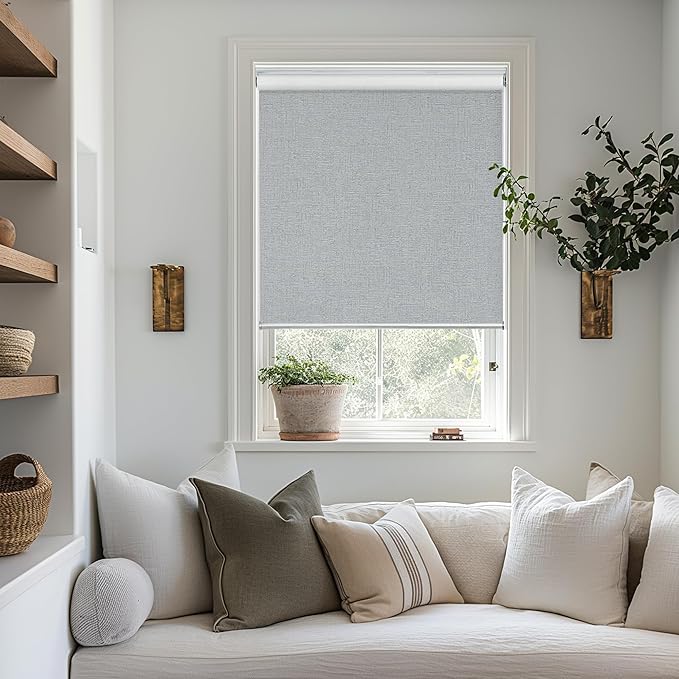 ChrisDowa Blackout Roller Shades Cordless Blinds for Indoor Windows with Thermal Insulated UV Protection Pull Down Door Blinds with Jacquard Fabric for Home, Bedroom, Office (Grey, 22" W x 72" H)