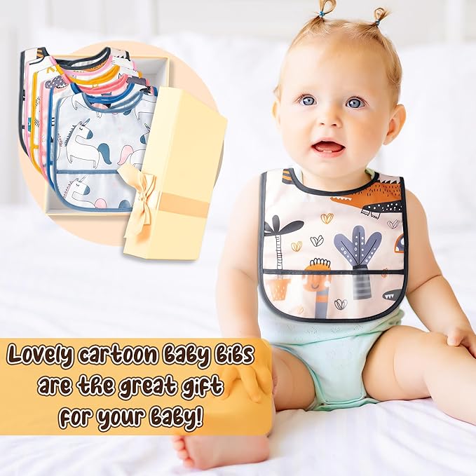 2ooya 6Pcs Waterproof Toddler Bibs Baby Feeding Bib Set with Crumb Catcher Pocket, Adjustable Infant Baby Teething Bib, Babies Sleeveless Animals Food Bibs Keepsake Gift for Baby Shower, 6-24 Months