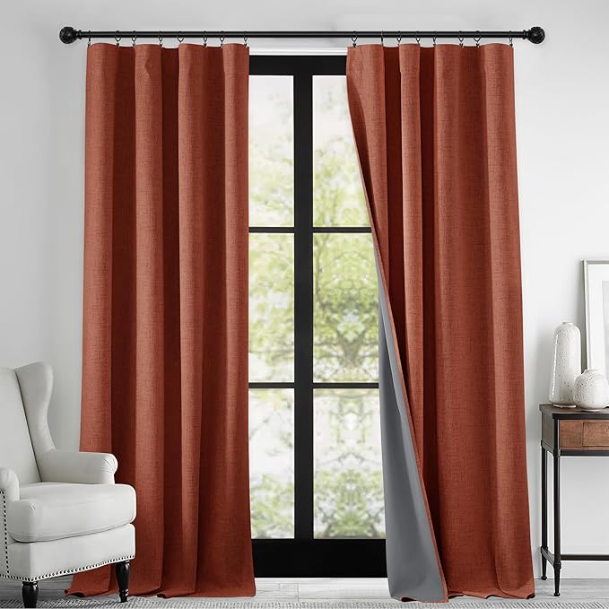 RYB HOME 100% Blackout Linen Textured Curtains 108 inches Long, Insulating Privacy Energy Saving for Bedroom Living Room Window Office Theater Patio Door, W 52 x L 108 in, Terracotta, 2 Panels