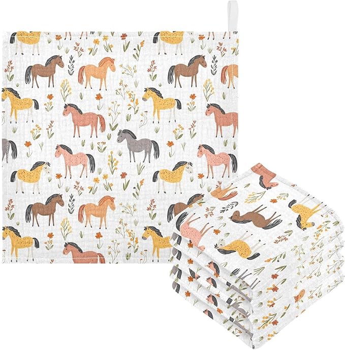vvfelixl Cartoon Horses Graze Baby Burp Cloths Baby Muslin Washcloths for Boys Girls Cotton Babys Face Towel for Newborn Infants Soft and Absorbent 11.8 X 11.8 in, 5 Pack