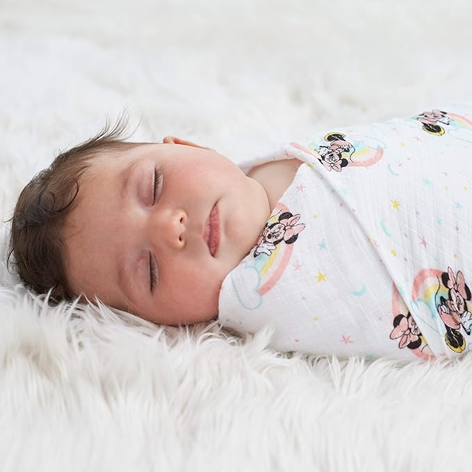 aden + anais Aden Swaddle Blanket, Muslin Blankets for Girls & Boys, Baby Receiving Swaddles, Ideal Newborn Gifts, Unisex Infant Shower Items, Wearable Swaddling Set, 4 Pk, Minnie Mouse Rainbows