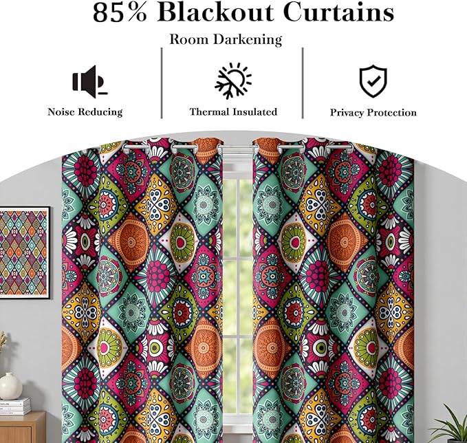 Boho Vintage Abstract Blackout Curtains, Mid Century Vintage Colorful Mandala Geometric Design Window Drapes, Living Room Bedroom Decor 2 Panels 52x84 Inch