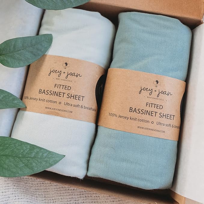 Joey + Joan 2 Pack Bassinet Sheets for Fisher Price Bassinets - 100% Jersey Cotton, Light + Dark Sage Green