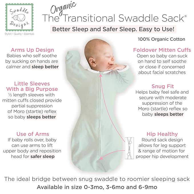 SwaddleDesigns Organic Transitional Swaddle Sack, Arms Up Swaddle with Half-Length Sleeves & Mitten Cuffs, Medium, 3-6 Months, 14-21 lbs, Soft Jadeite