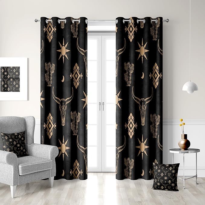 Western Cow Skull Curtains, Black Gold West Aztec Blackout Curtains Room Darkening Grommets Western Drapes, Window Curtains for Living Room Bedroom Decor 2 Panels 52x84 Inch