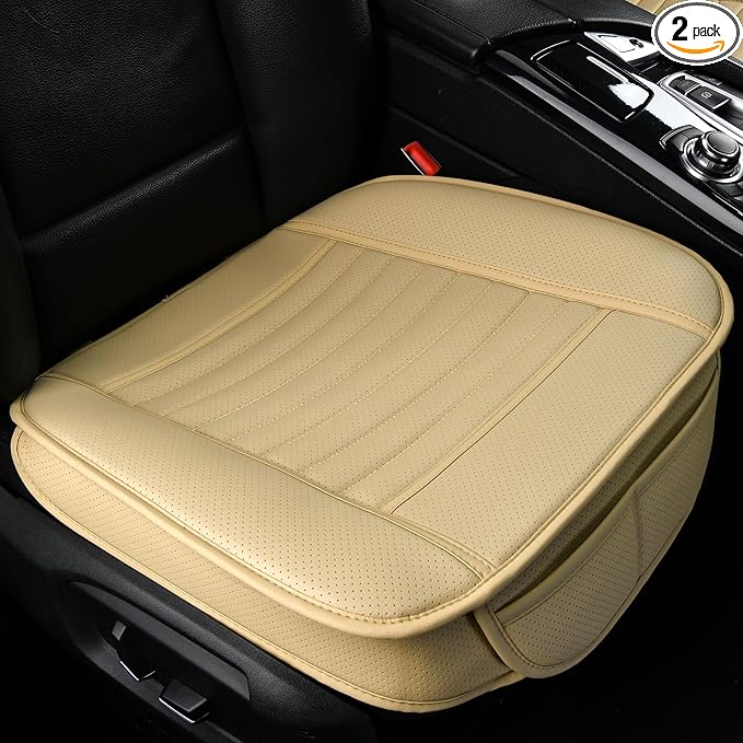 2pc Edge Wrapping Comfortable Car Front Seat Covers, Seat Protectors, Anti-Slip Bottom Seat Cushion Covers for Auto with PU Leather(Beige)