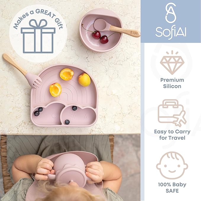 SofiAl All In One Silicone Feeding Set - Safe for 6-12 Months - Non-Toxic Baby Led Weaning Supplies - Toddler Self Feeding Utensils - BPA-Free - Mess Free Essentials