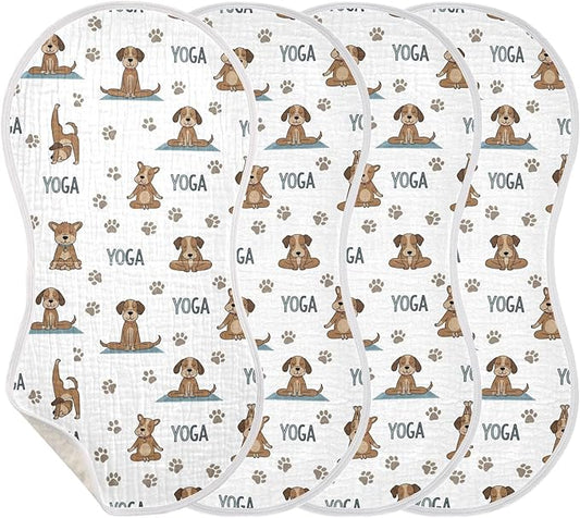 Qinllo 4 Pack Muslin Burp Cloths Dogs Yoga Cotton Baby Burp Cloths Extra Absorbent and Soft Thick Burping Cloth for Newborn Boys Girls 22x11 Inch