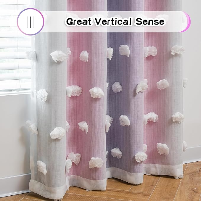 MYSKY HOME Pink Purple Curtains for Bedroom 72 Inch Long Nursery Curtains Pom Pom White Sheer Curtains for Girls Room Double Layer Toddler Dining Room Grommet Room Darkening Window Panels W52 X L72