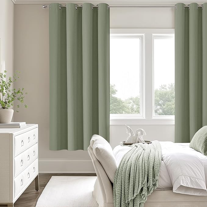 ChrisDowa 100% Blackout sage Solid Curtains 72 Inches Long 2 Panels for Bedroom Living Room,Farmhouse Room Darkening Thermal Insulated Soundproof Grommet Top Window Treatment Drapes,52x72