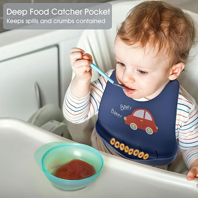 BEBE FAVOUR 2 Pack Silicone Baby Bibs Adjustable Fit Waterproof Bib With Leak Proof Food Pouch Catcher for Eating Boys Girls