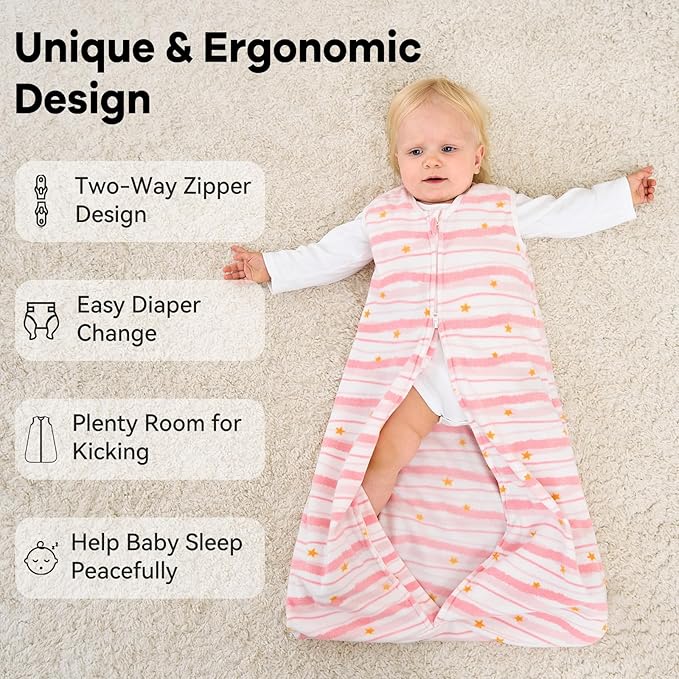 Unnivoll Fleece Baby Sleep Sack 6-12 Months 1.0 Tog Baby Wearable Blanket Microfleece Sleeping Sack with 2-Way Zipper for Newborn Infant Pink & White Unicorn