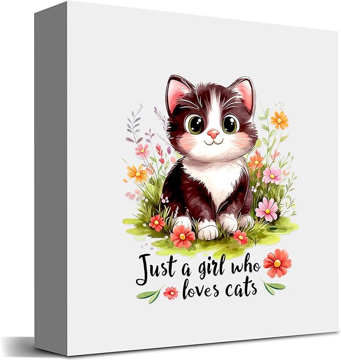 Cat Decor Wooden Box Sign Decorative, Home Room Desk Decorations For Teens Teenage Girls Age 8-12, Cat Lovers Themed Gifts Stuff Accessories Things Merchandise Items!