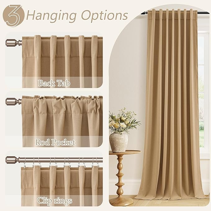 Guken 100% Blackout Linen Curtains 72 Inch Length 2 Panels Set for Living Room Bedroom Back Tab Thermal Insulated Black Out Linen Drapes Room Darkening Window Curtains,Camel Brown