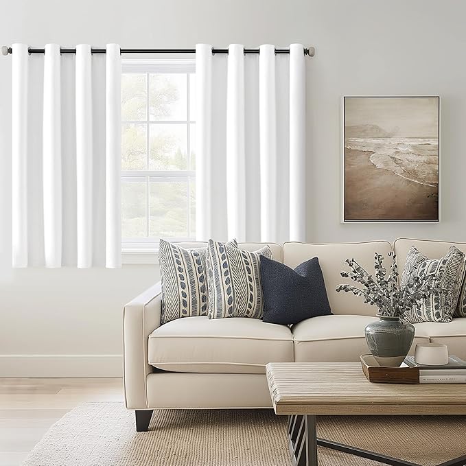 ChrisDowa 100% Blackout Pure White Solid Curtains 54 Inches Long 2 Panels for Bedroom Living Room,Farmhouse Room Darkening Thermal Insulated Soundproof Grommet Top Window Treatment Drapes,52x54