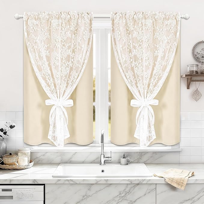 Yinhua Beige Kitchen Curtains 36 Inch Length Double Layer Blackout Cafe Curtains with Floral Sheer Overlay Rod Pocket Short Curtain for Windows, Small Window Curtain for Bathroom Living Room, 2 Panels
