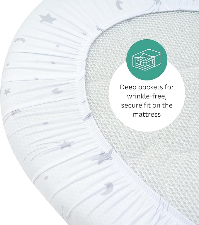 TansyPanda Halo Bassinet Sheets for BassiNest Luxe Swivel, Soothing, Swivel, Lite, Essential Sleeper, 3 Pack, 33 X 17 Inch, Ultra Soft, Snug Fit, Unisex Boys Girls, Gray White (Moon, Stars, Clouds)